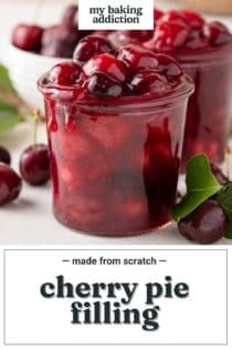 cherry pie filling in a glass jar on a countertop. text overlay includes recipe name.