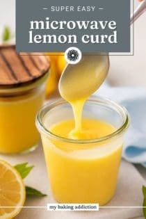 Spoon drizzling microwave lemon curd into a jar. Text overlay includes recipe name.