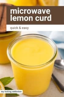 Glass jar filled with microwave lemon curd. Text overlay includes recipe name.