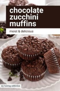 Chocolate zucchini muffins stacked on a white platter. Text overlay includes recipe name.
