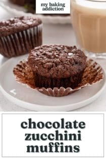 Plated chocolate zucchini muffin with a cup of coffee in the background. Text overlay includes recipe name.