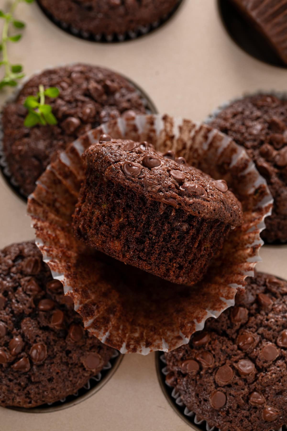 Unwrapped chocolate zucchini muffins perched on cooled muffins in a muffin tin.