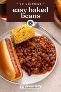 White plate holding easy baked beans, a hot dog, and corn. Text overlay includes recipe name.