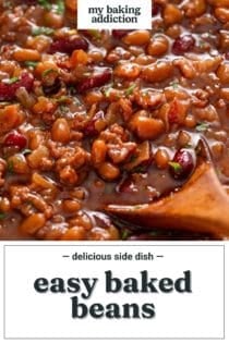 Close up image of a wooden spoon in easy baked beans. Text overlay includes recipe name.