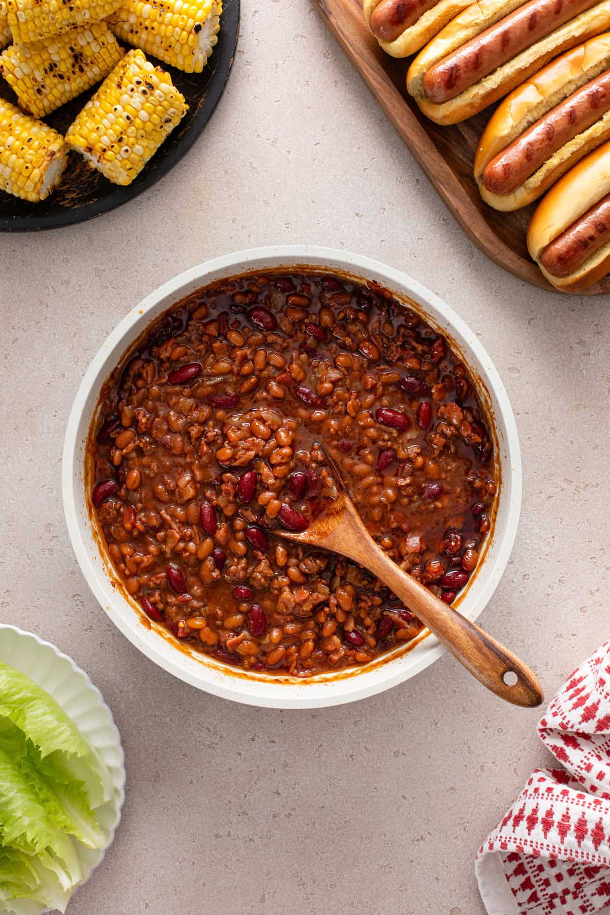 Overhead image of a baking dish of easy baked beans.