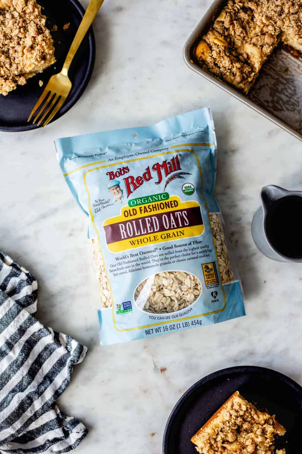 Bag of bob's red mill rolled oats on a marble countertop