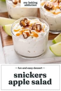 Small glass bowl filled with snickers apple salad. Text overlay includes recipe name.