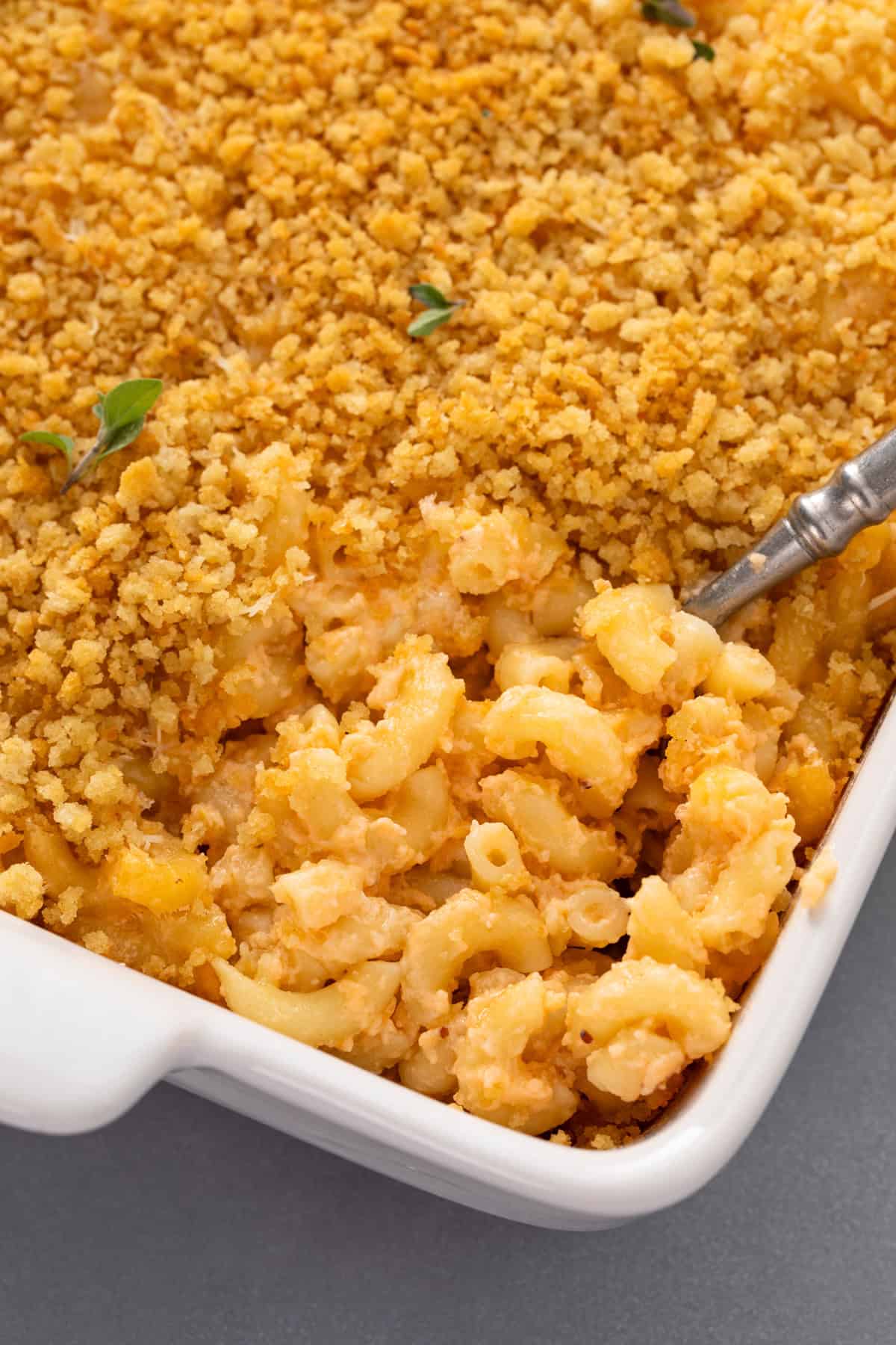 Close up on a spoon in a casserole dish of baked macaroni and cheese.