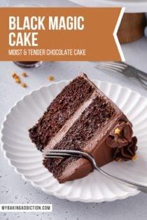 Fork about to take a bite from a slice of black magic cake on a white plate. Text overlay includes recipe name.