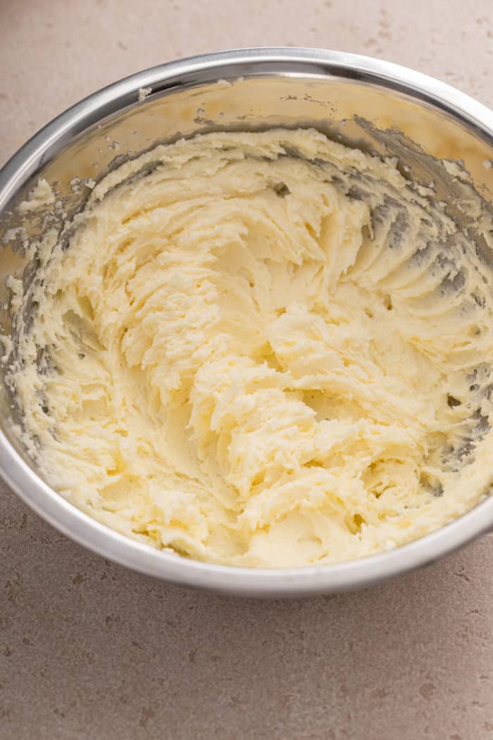 Butter and sugar creamed perfectly for 5 minutes in a metal bowl.