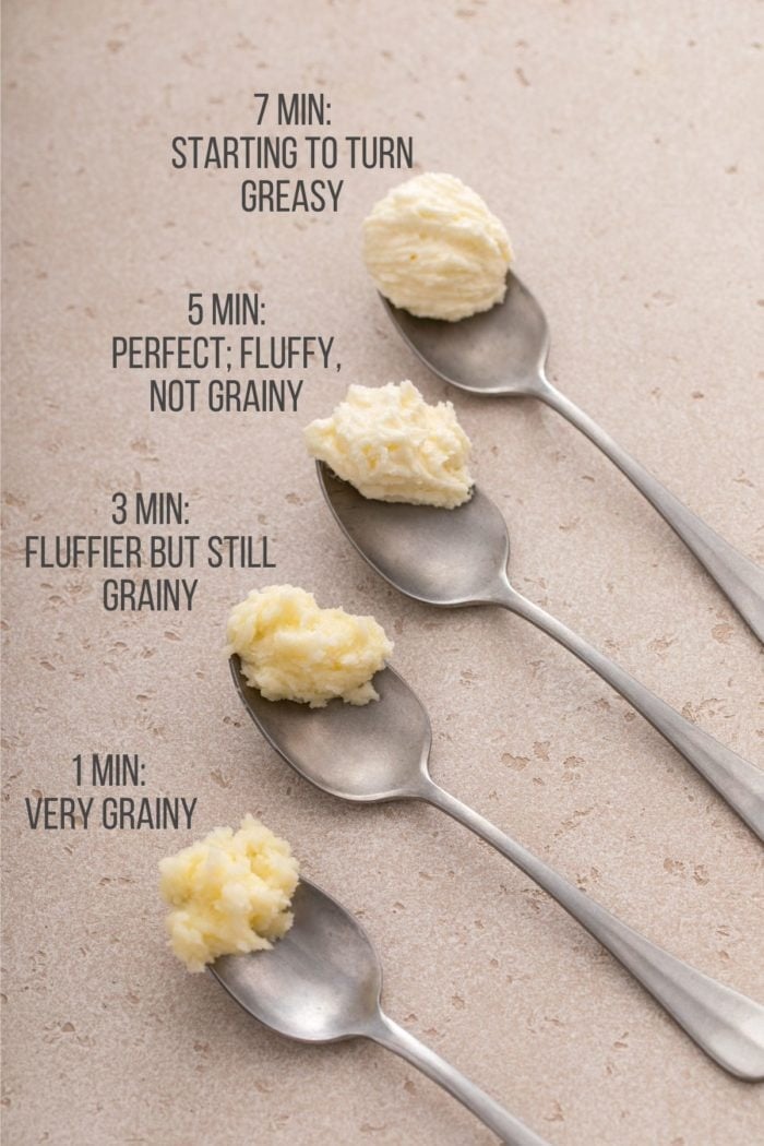 Four spoons, each holding a spoonful of creamed butter and sugar at a different stage: 1 minute, 3 minutes, 5 minutes, and 7 minutes.