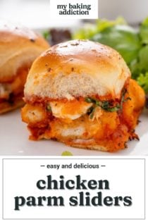 Chicken parmesan slider on a white plate with a green salad in the background. Text overlay includes recipe name.