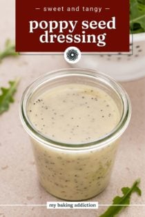 Jar on a countertop filled with poppy seed dressing. Text overlay includes recipe name.