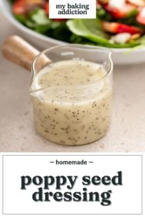Close up of a small jar of poppy seed dressing with a bowl of strawberry spinach salad in the background. Text overlay includes recipe name.