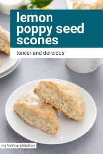 Two plates with lemon poppy seed scones in front of a cup of coffee. Text overlay includes recipe name.