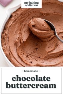 Spoon being run through a bowl of chocolate buttercream frosting. Text overlay includes recipe name.