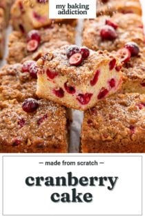 One slice of cranberry cake balanced on top of several other slices of cake. Text overlay includes recipe name.