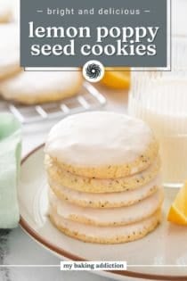 Five lemon poppy seed cookies stacked next to a glass of milk on a plate. Text overlay includes recipe name.