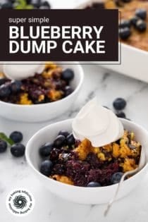 Two white bowls filled with blueberry dump cake topped with whipped cream. Text overlay includes recipe name.
