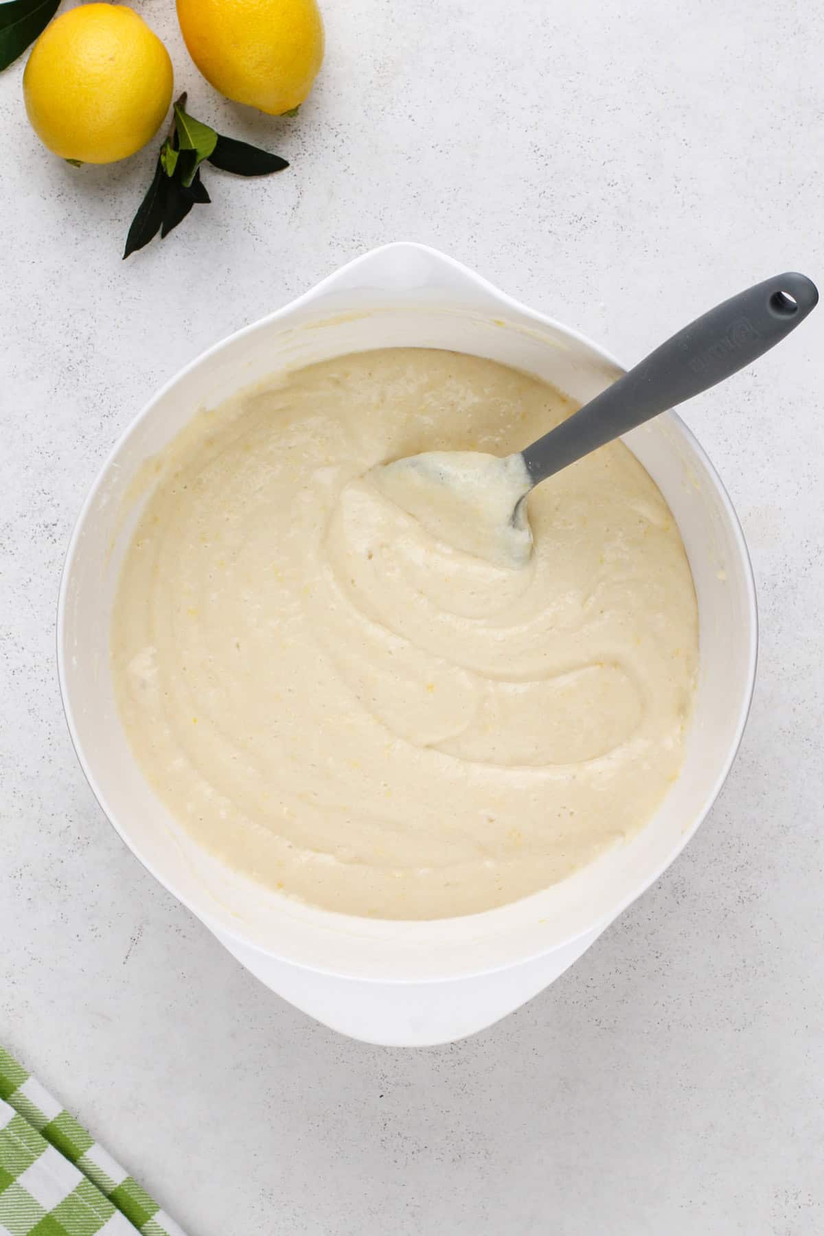 Lemon cake batter in a mixing bowl.