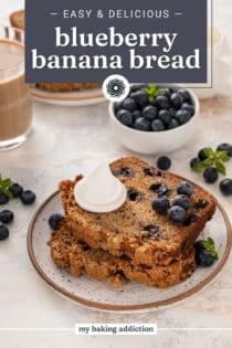 Two slices of blueberry banana bread on a plate. Text overlay includes recipe name.