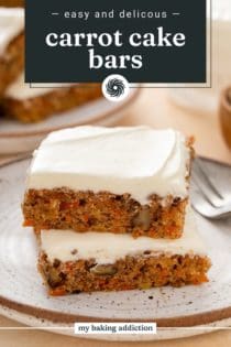 Two carrot cake bars stacked on a plate. Text overlay includes recipe name.
