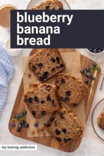 Overhead view of four slices of blueberry banana bread on a wooden board. Text overlay includes recipe name.