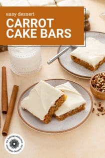 Plated carrot cake bars next to a glass of milk. Text overlay includes recipe name.