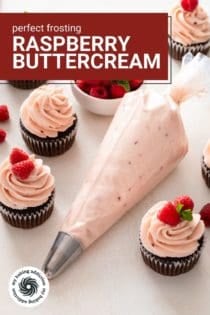 Piping bag filled with raspberry buttercream frosting surrounded by frosted chocolate cupcakes. Text overlay includes recipe name.