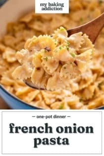 Spoon holding up a serving of french onion pasta over the pot. Text overlay includes recipe name.