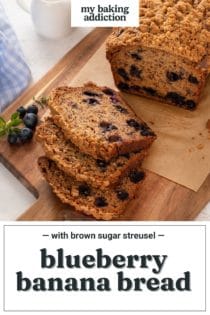 Sliced loaf of blueberry banana bread on a wooden board. Text overlay includes recipe name.