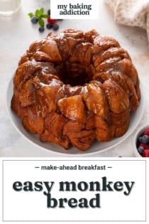 Easy monkey bread turned out onto a white platter. Text overlay includes recipe name.