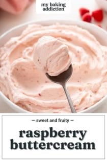 Spoon holding up a bite of raspberry buttercream frosting. Text overlay includes recipe name.