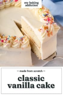 Cake server lifting up a slice of vanilla layer cake. Text overlay includes recipe name.
