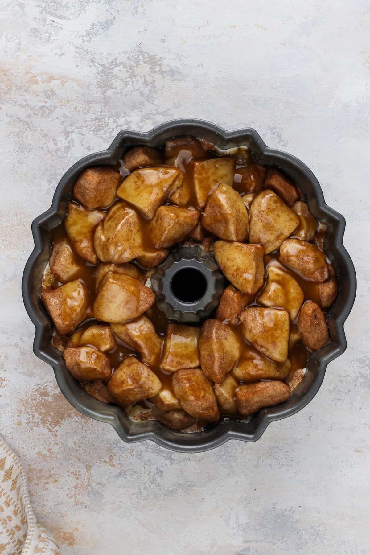 Assembled easy monkey bread, ready to go in the oven.
