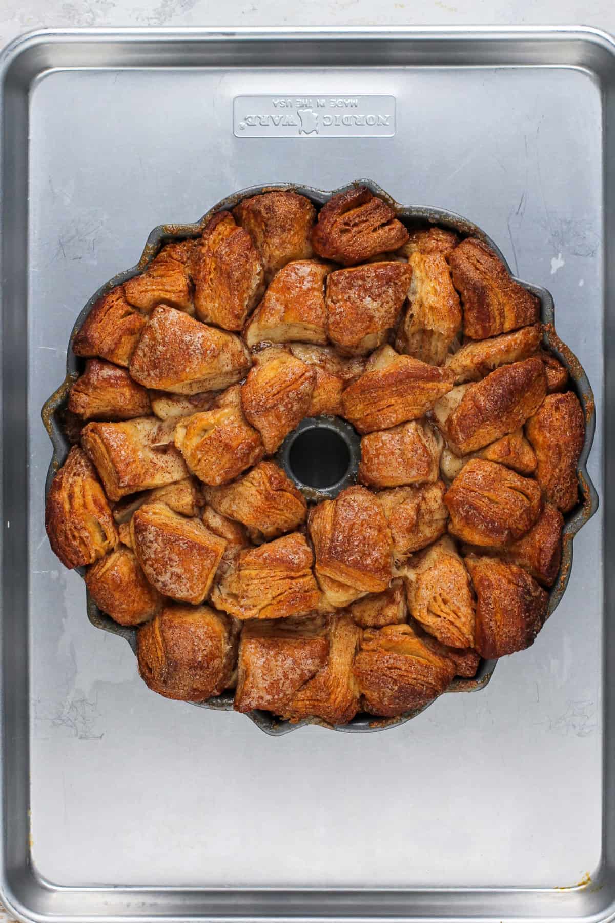 Baked easy monkey bread in a bundt pan, ready to be inverted onto a serving platter.