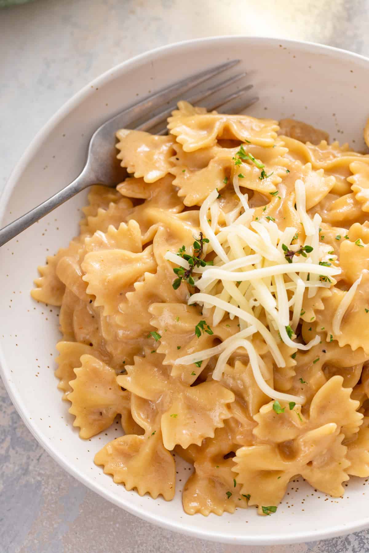 Overhead view of french onion pasta in white bowl.