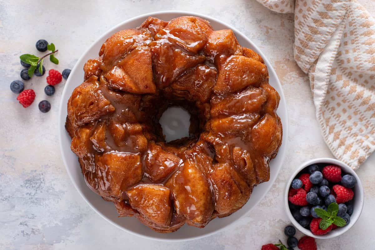 Overhead view of easy monkey bread on a white platter.