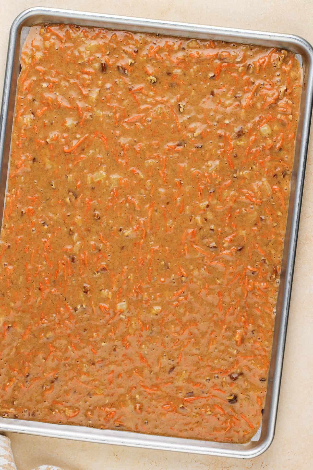 Unbaked carrot cake bars ready to go in the oven.