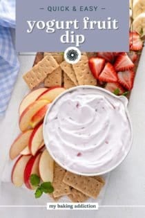 Overhead view of a bowl of yogurt fruit dip on a platter surrounded by graham crackers and fresh fruit. Text overlay includes recipe name.