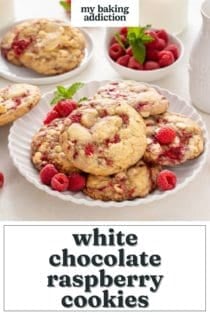 Plated white chocolate raspberry cookies with a bowl of fresh raspberries in the background. Text overlay includes recipe name.