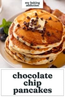 Plated stack of chocolate chip pancakes topped with butter and syrup. Text overlay includes recipe name.
