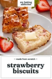Halved strawberry biscuit topped with butter on a white plate. Text overlay includes recipe name.