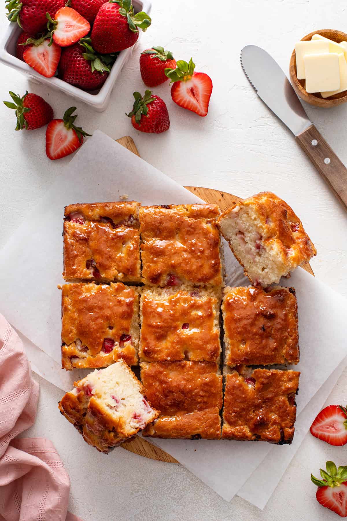 Overhead view of sliced strawberry biscuits.