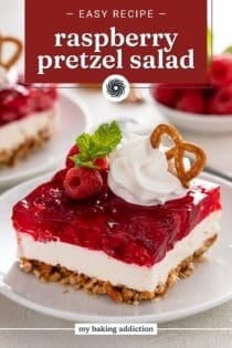Close up image of slice of raspberry pretzel salad. Text overlay includes recipe name.