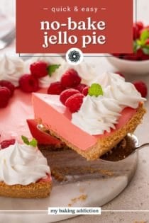 Pie server lifting up a slice of jello pie. Text overlay includes recipe name.