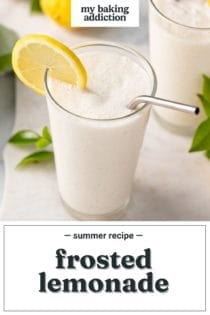 Angled view of the top of a glass of frosted lemonade garnished with a lemon slice. Text overlay includes recipe name.