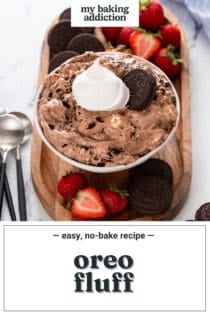 Bowl of oreo pudding topped with whipped cream and whole oreos, on a platter with oreos and fresh strawberries. Text overlay includes recipe name.