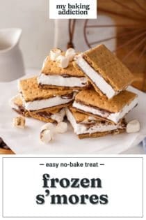 Several frozen s'mores arranged on a cake plate. Text overlay includes recipe name.