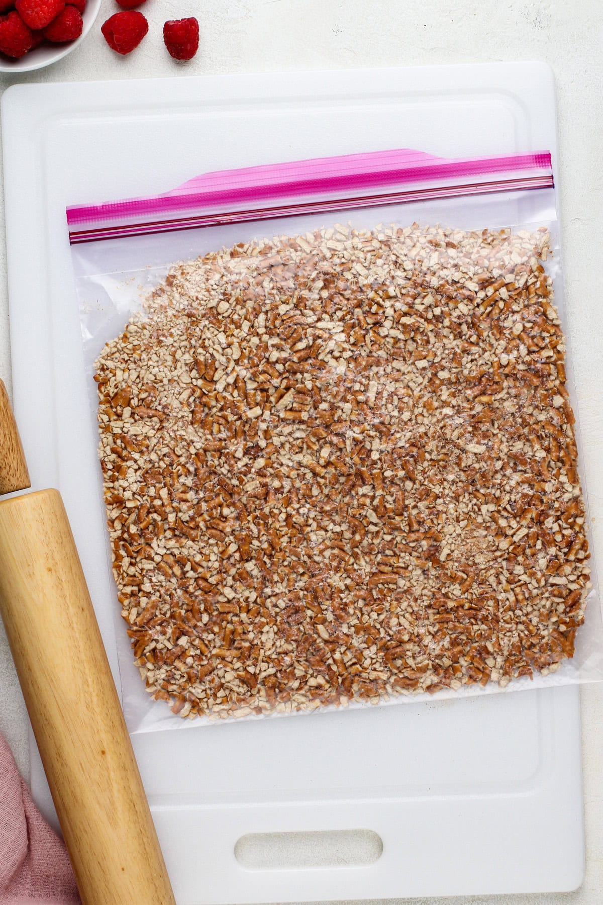 Crushed pretzels in a ziploc bag.